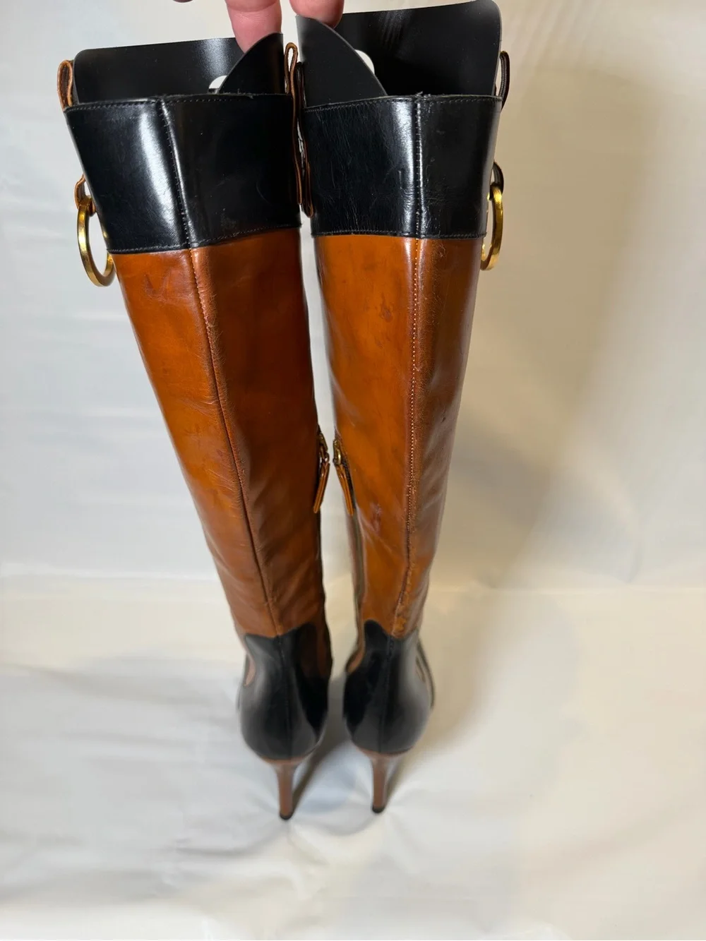 Vintage Dolce & Gabbana Black & Tan Leather Pointed Toe Knee High Boots IT 36 6